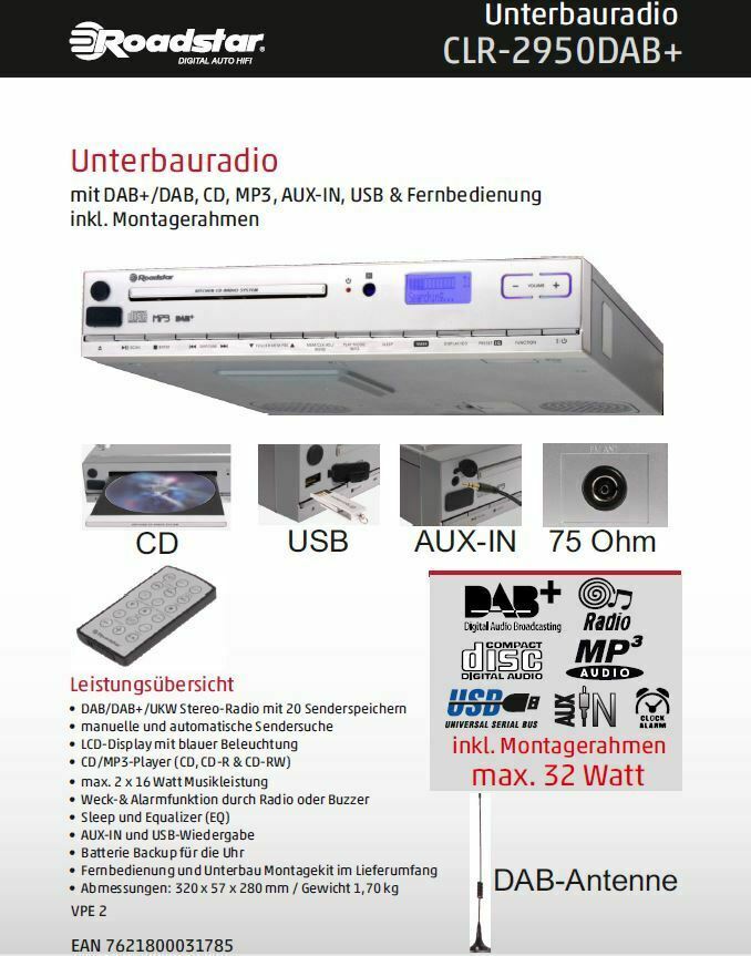 Küchenunterbauradio mit DAB/CD/MP3/USB/AUX-IN top produkt Roadstar CLR2950DAB 